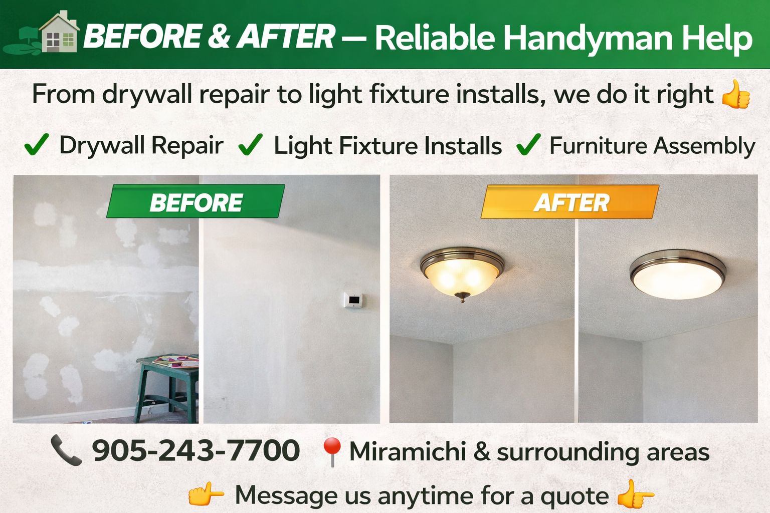 Drywall Repair & Light Fixtures — Miramichi project by Helping Hands